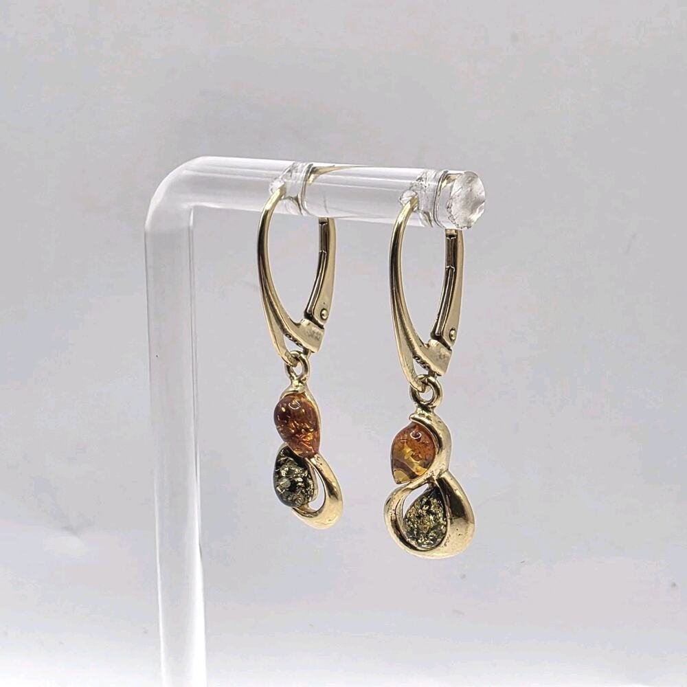 925 Sterling Silver Vermeil Amber Drop Style Leverback Earrings